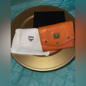 MCM Pebbled Leather Trifold Wallet Marigold Orange Gold Hardware Authentic